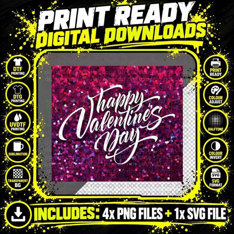 Happy Valentine's Day Purple Glitter Confetti Hearts Png SVG Digital Bundle