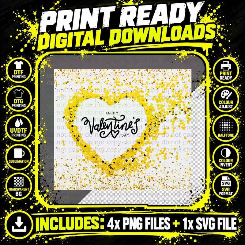 Happy Valentine's Day Yellow Glitter Heart Love Sparkle Png SVG Digital Bundle