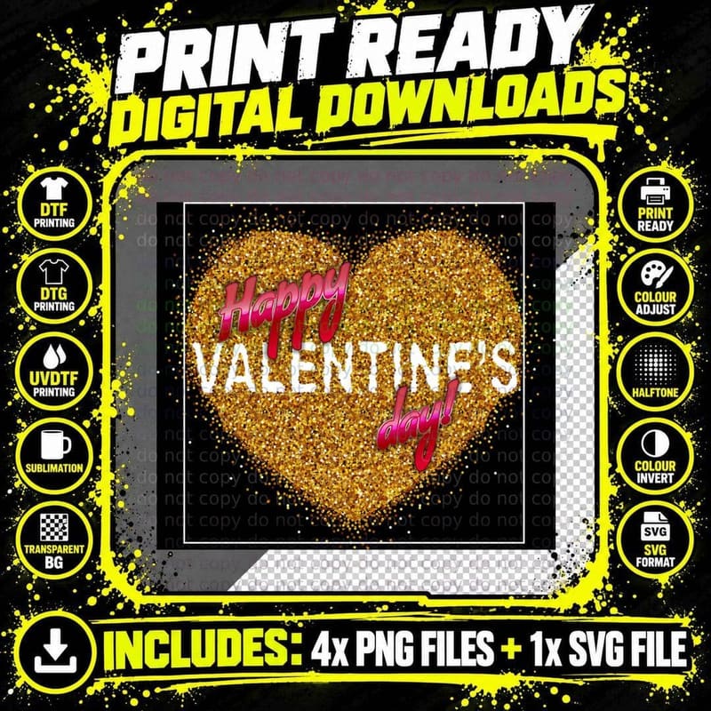 Happy Valentines Valentine's Day Gold Glitter Heart Png SVG Digital Bundle