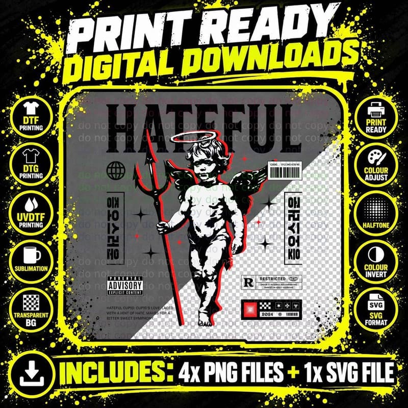 Hateful Classical Cherub Angel Devil Wings Halo Red Png SVG Digital Bundle