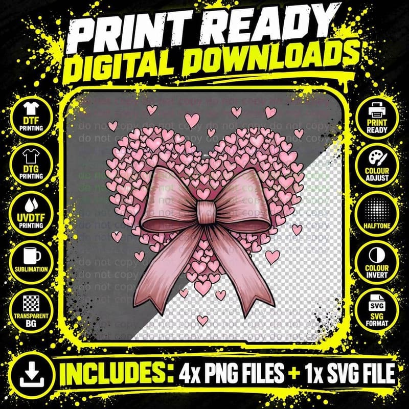 Heart Bow Wreath Pink with Scattered Hearts T-Shirt Png SVG Digital Bundle