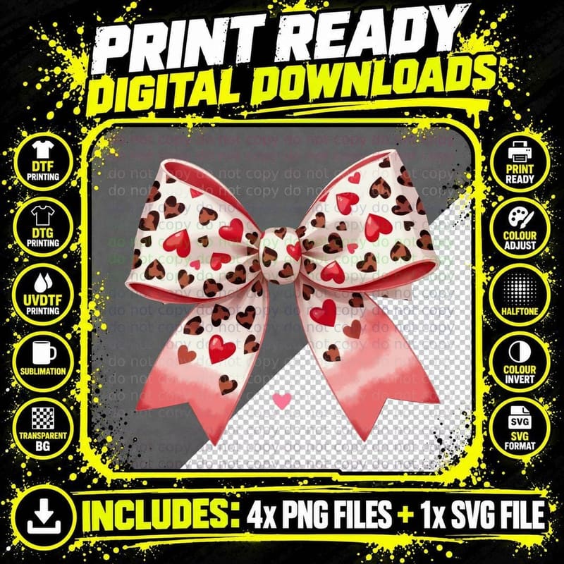 Heart Leopard Bow Pink Red Hearts Patterned T-Shirt Png SVG Digital Bundle