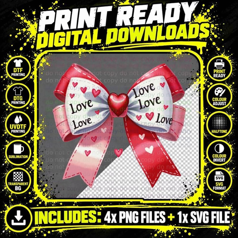 Heart Love Bow Pink Red Romantic Design T-Shirt Png SVG Digital Bundle