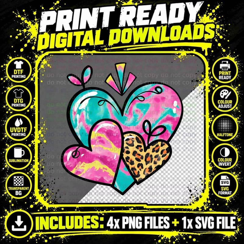 Hearts Tie-Dye Watercolor Leopard Accents Y2k Colorful Png SVG Digital Bundle