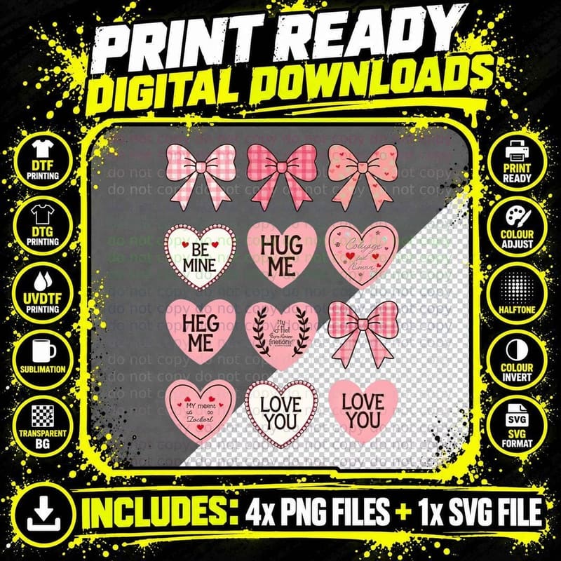 Hearts and Bows Be Mine Hug Me Heg Love You Pink Png SVG Digital Bundle