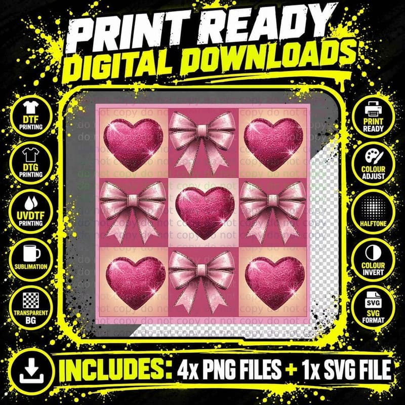 Hearts and Bows Grid of Glitter and Pink Glamorous Png SVG Digital Bundle