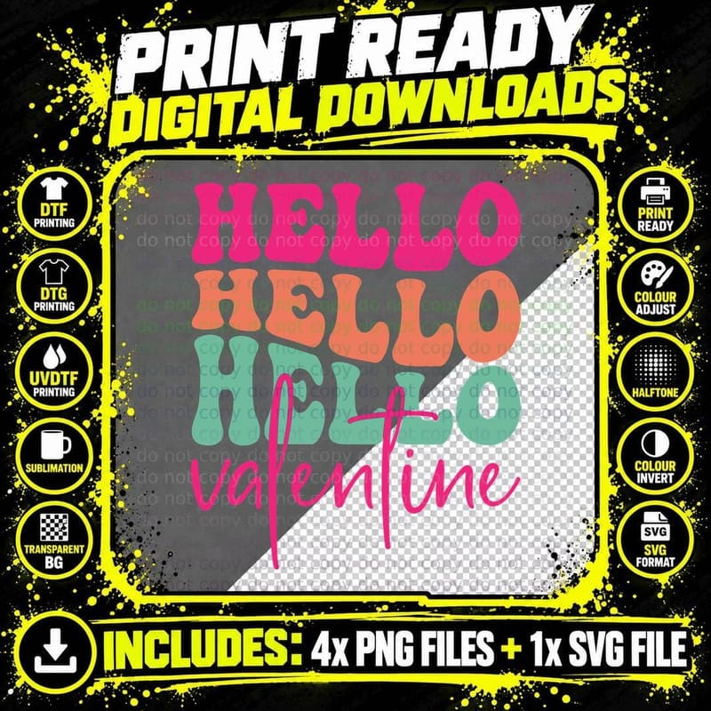 Hello Multicolor Valentine Distressed Text Y2k Playful Png SVG Digital Bundle