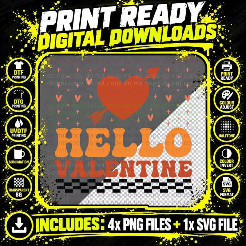 Hello Valentine Orange Bubble Text Arrow Hearts Png SVG Digital Bundle