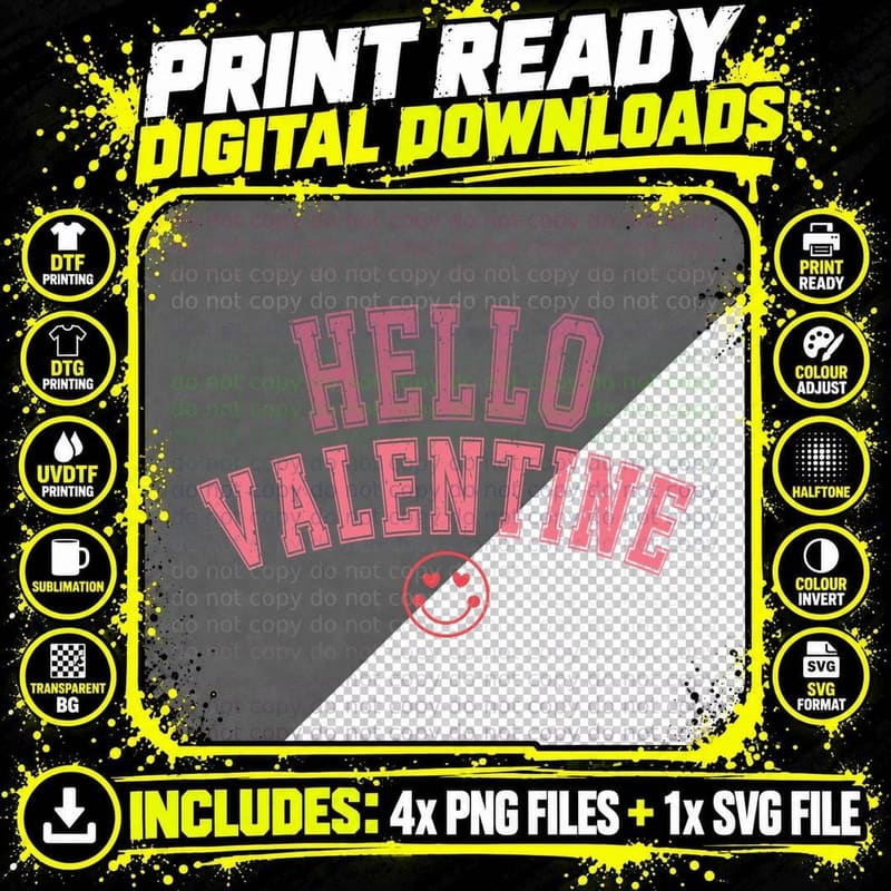 Hello Valentine Pink Outline Text Smiley Face Heart Png SVG Digital Bundle