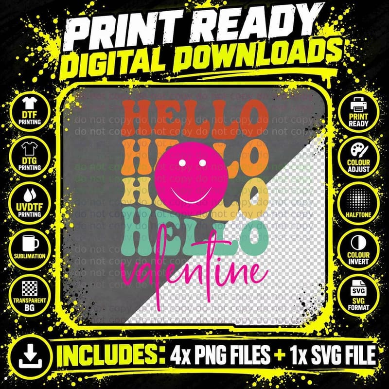Hello Valentine Smiley Rainbow Colors Face Y2k Groovy Png SVG Digital Bundle