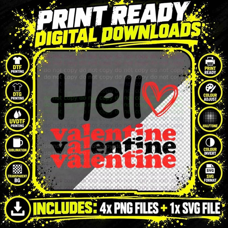 Hello Valentine Stacked Repeated Text Bold Typography Png SVG Digital Bundle