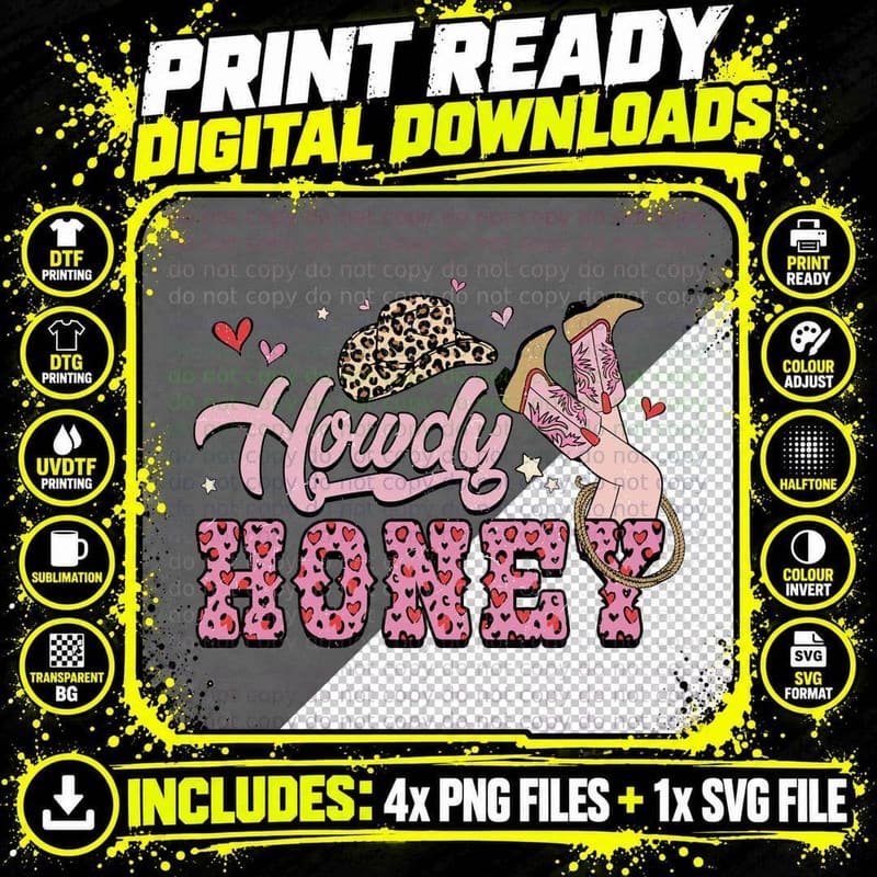 Howdy Boots Baby Pink Leopard Hearts Western T-Shirt Png SVG Digital Bundle
