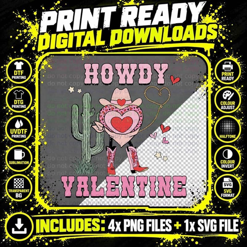 Howdy Cactus Valentine Pink Heart Cowboy Hat Western Png SVG Digital Bundle
