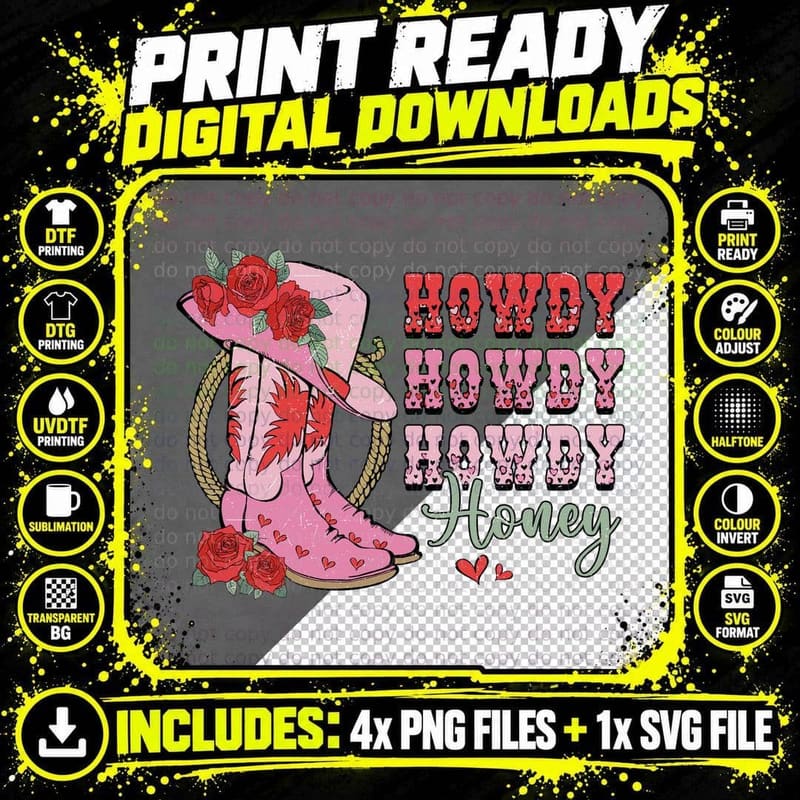 Howdy Honey Pink Cowboy Hat Boots Roses Western T-Shirt Png SVG Digital Bundle