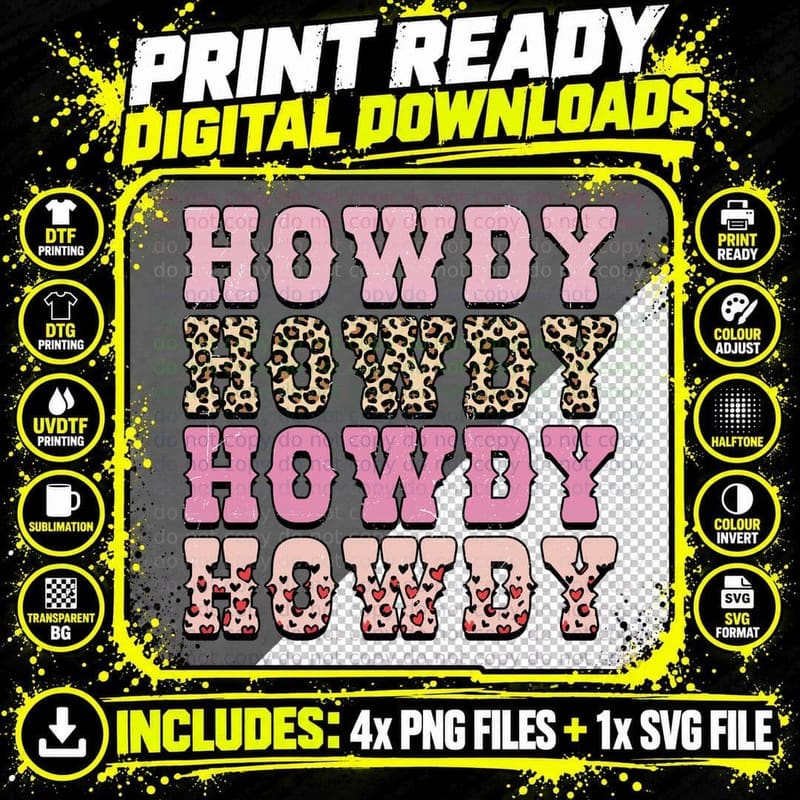 Howdy Pink Leopard Checkered Text Multicolor T-Shirt Png SVG Digital Bundle
