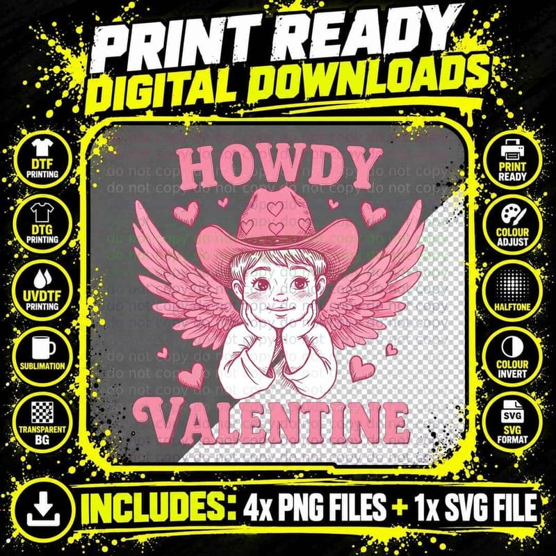 Howdy Valentine Cowboy Angel Pink Love T-Shirt Png SVG Digital Bundle