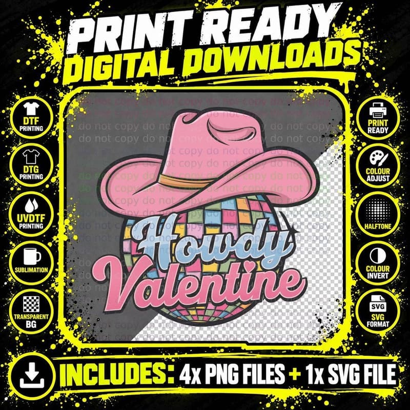 Howdy Valentine Cowboy Hat Disco Ball Pink T-Shirt Png SVG Digital Bundle