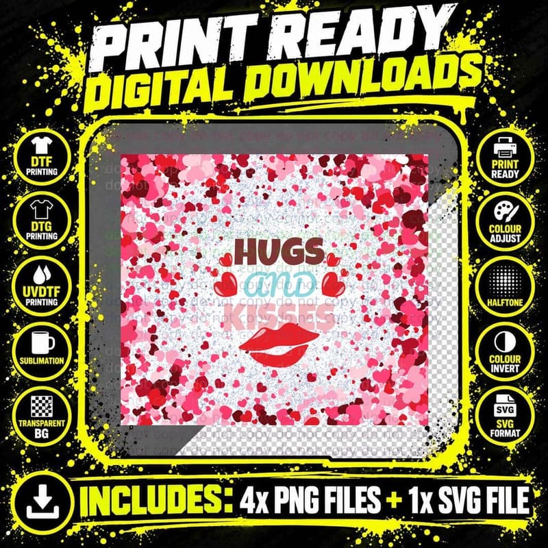 Hugs Kisses and Red Pink Hearts Confetti Kiss Lips Png SVG Digital Bundle