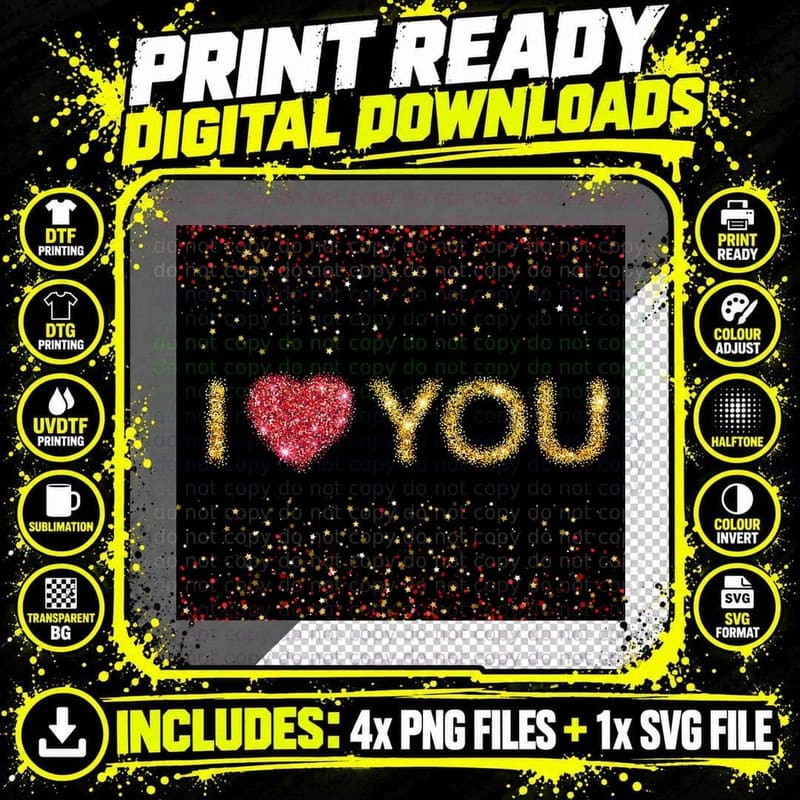 I Love You Gold Glitter Text Heart Red Sparkle T-Shirt Png SVG Digital Bundle