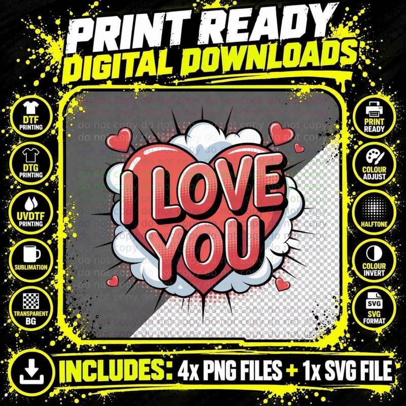 I Love You Pink Heart in Speech Bubble Playful Cute Png SVG Digital Bundle