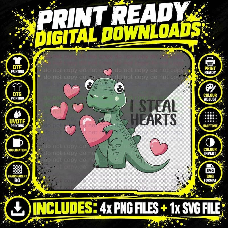 I Steal Hearts Green Dinosaur Holding Heart Cute Dino Png SVG Digital Bundle
