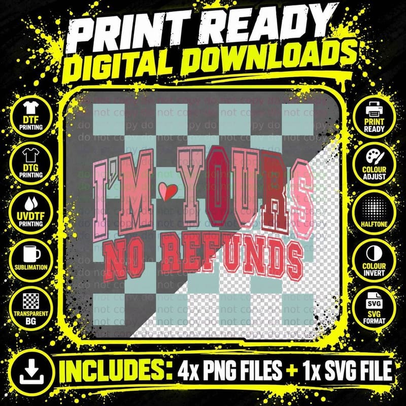 I'm Yours No Refunds Checkerboard Heart Pink Blue Retro Png SVG Digital Bundle