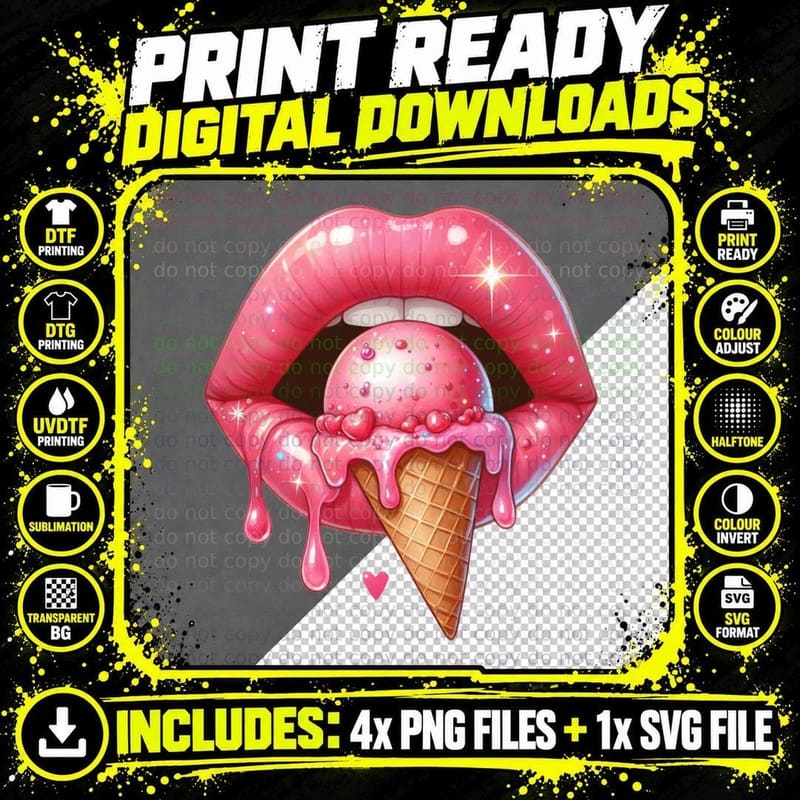 Ice Cream Lips with Cone Sweet Playful T-Shirt Png SVG Digital Bundle