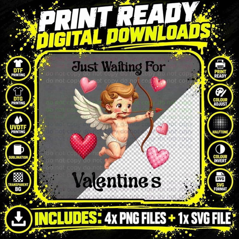 Just Waiting for Valentine's Cupid Character Hearts Png SVG Digital Bundle