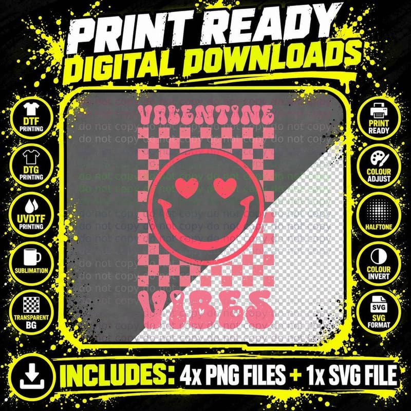 Kindness Vibes Smiley Face Checkerboard Pink and Grey Png SVG Digital Bundle