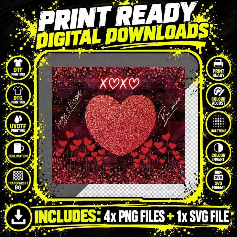 Kiss Heart XOXO Hugs Be Loved Red Glitter Bokeh Love Png SVG Digital Bundle
