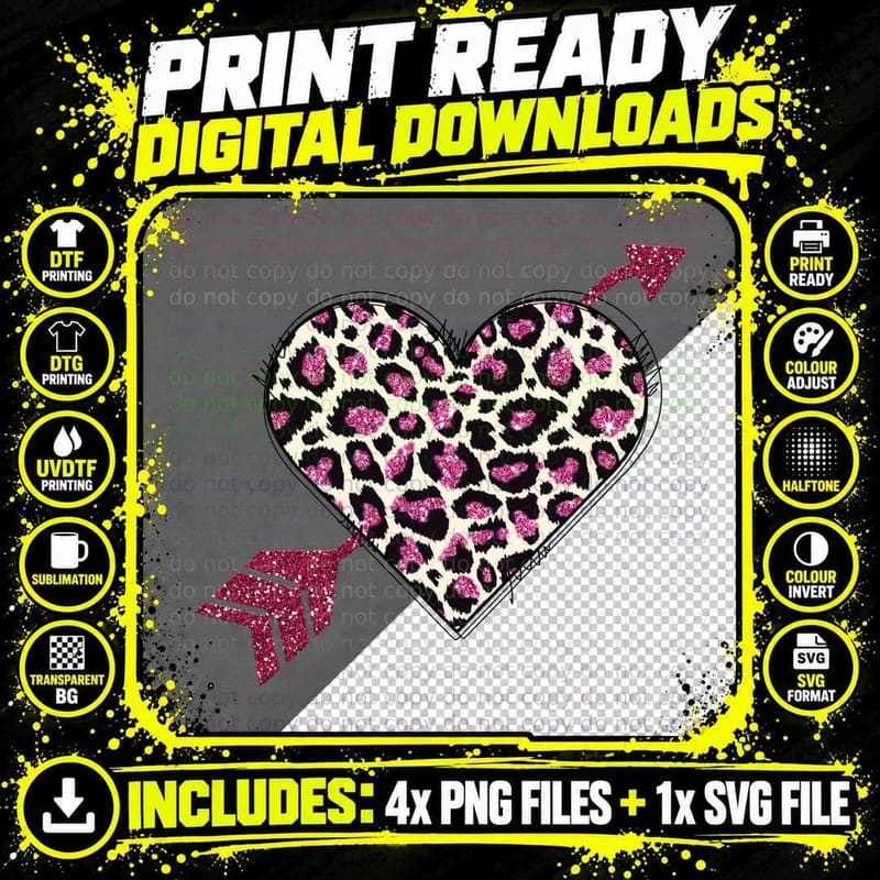 Leopard Heart Arrow Print Pink Glitter Edgy T-Shirt Png SVG Digital Bundle