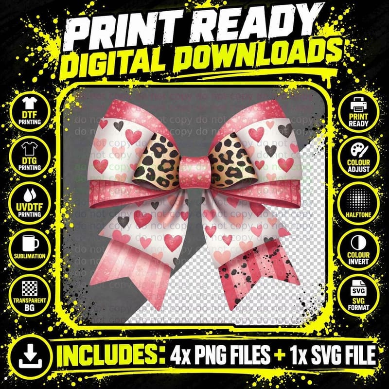 Leopard Heart Bow Pink Hearts Multi-Pattern T-Shirt Png SVG Digital Bundle