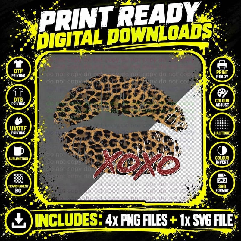 Leopard Lips XOXO Print Pink Text Glamorous Y2k T-Shirt Png SVG Digital Bundle