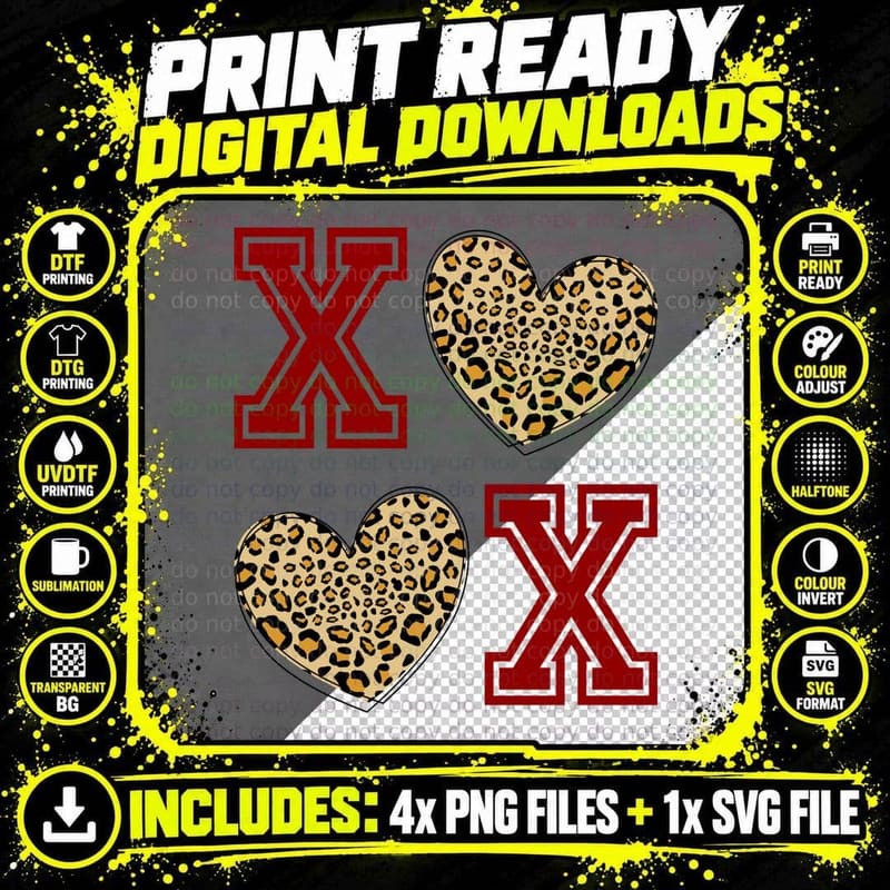 Leopard X O Hearts Pattern Pink Playful T-Shirt Png SVG Digital Bundle
