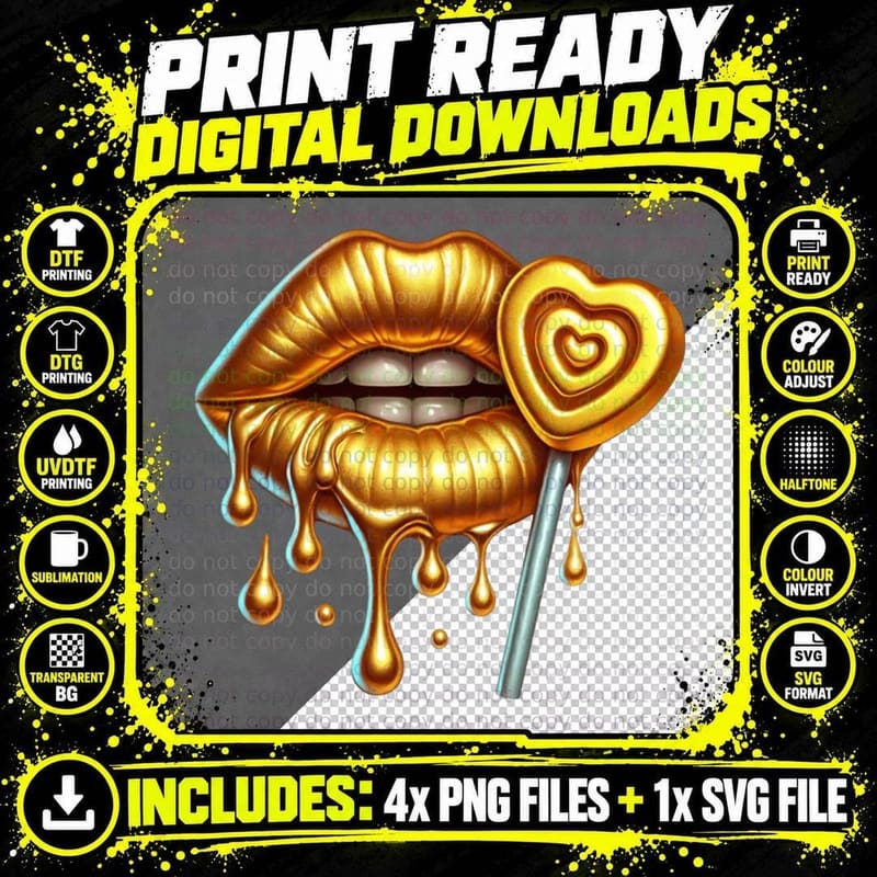 Lips Gold Drip Heart Lollipop T-Shirt Png SVG Digital Bundle
