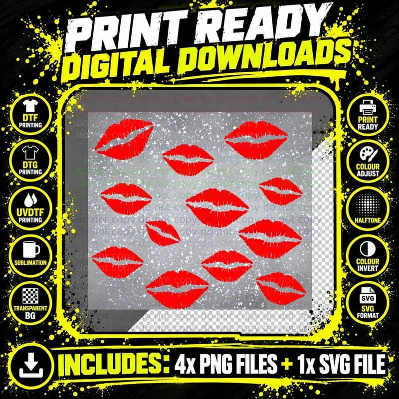 Lips Pattern Red Silver Glitter Sparkle T-Shirt Png SVG Digital Bundle