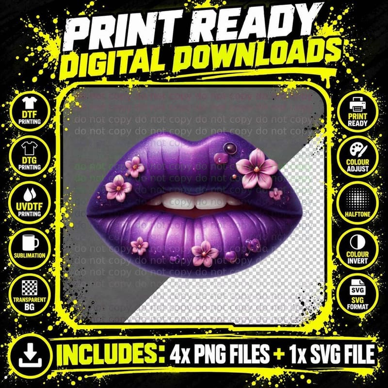 Lips Purple Flowers Sparkle T-Shirt Png SVG Digital Bundle