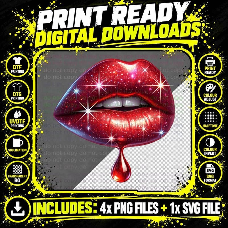 Lips Red Glitter Sparkle Drip T-Shirt Png SVG Digital Bundle
