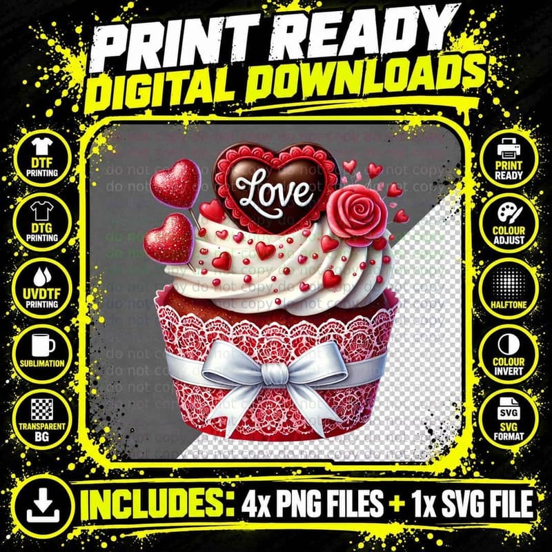 Love 3D Cupcake Heart Roses Elegant T-Shirt Png SVG Digital Bundle