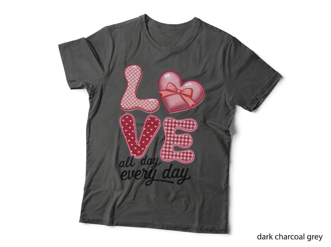 Love All Day Every Checkered Pink Heart with Cross Text T-Shirt