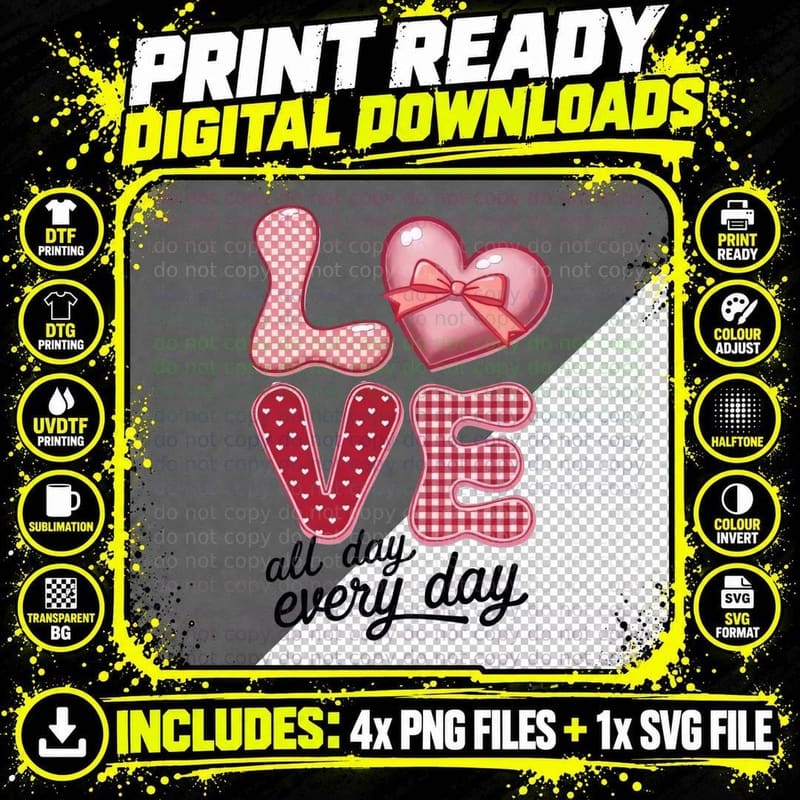 Love All Day Every Checkered Pink Heart with Cross Text Png SVG Digital Bundle