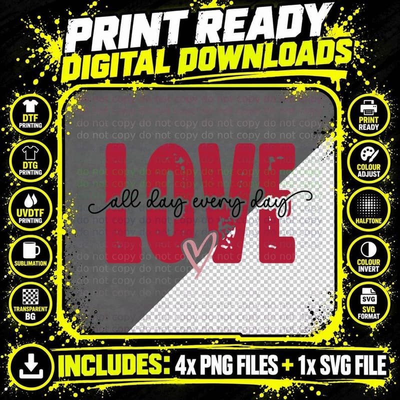 Love All Day Every Large Red Letters Heart Pink Png SVG Digital Bundle