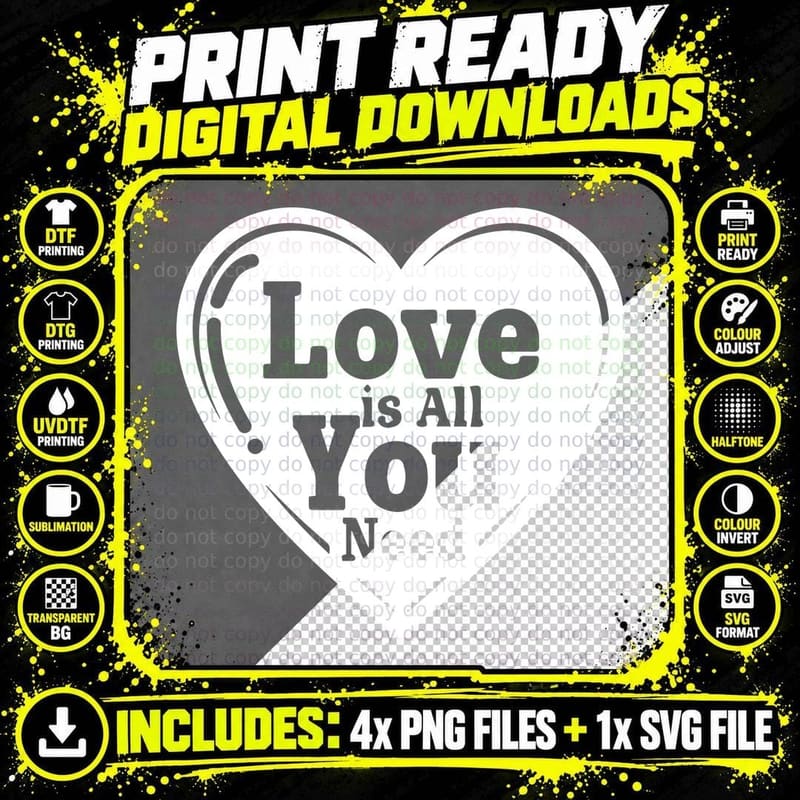 Love All You Need Heart Silhouette Text Bold Romantic Png SVG Digital Bundle
