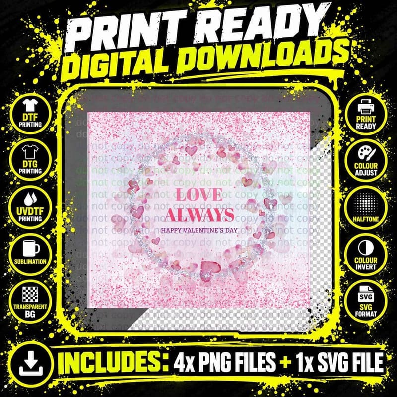 Love Always Happy Valentine's Day Pink Glitter Heart Png SVG Digital Bundle
