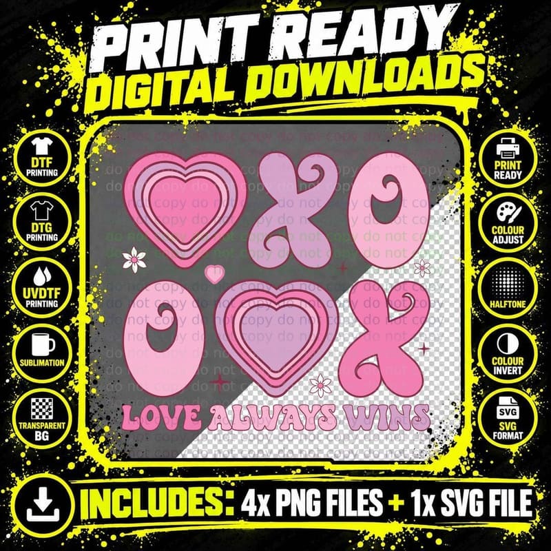 Love Always Wins Concentric Hearts with Flowers Pink Png SVG Digital Bundle