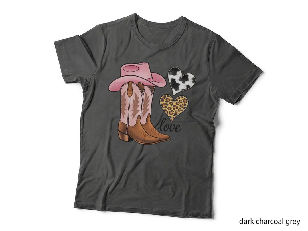 Love Boots Pink Cowboy Heart Cow Leopard Western Valentine T-Shirt