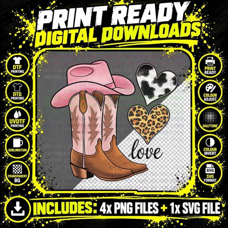 Love Boots Pink Cowboy Heart Cow Leopard Western Png SVG Digital Bundle