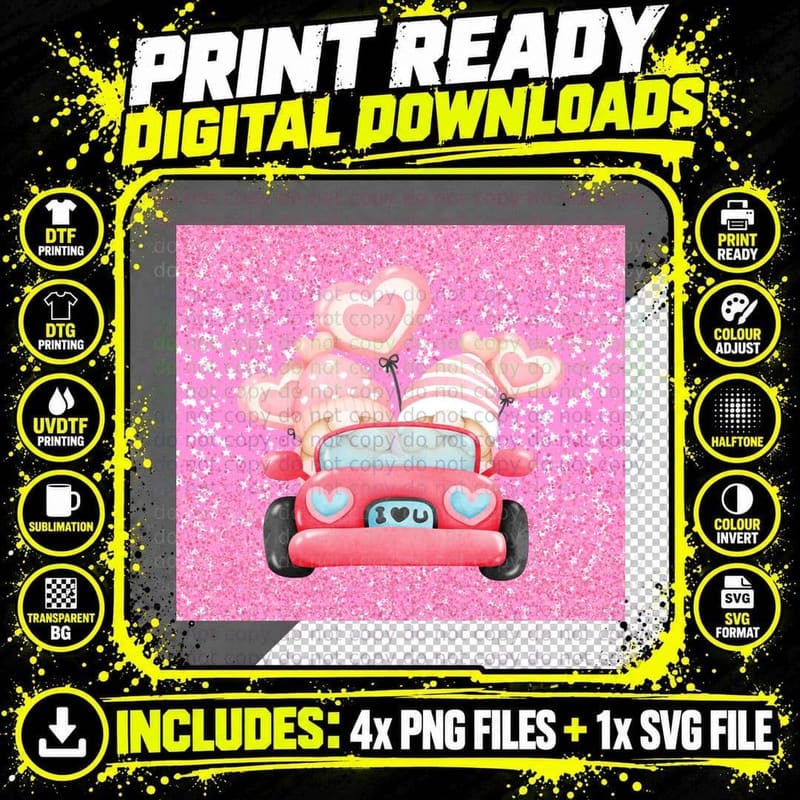 Love Car Red Hearts Glitter Pink Romance T-Shirt Png SVG Digital Bundle
