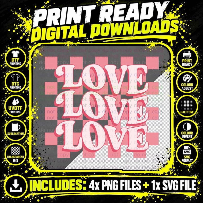 Love Checkerboard Pattern Pink Text Y2k Repeating T-Shirt Png SVG Digital Bundle