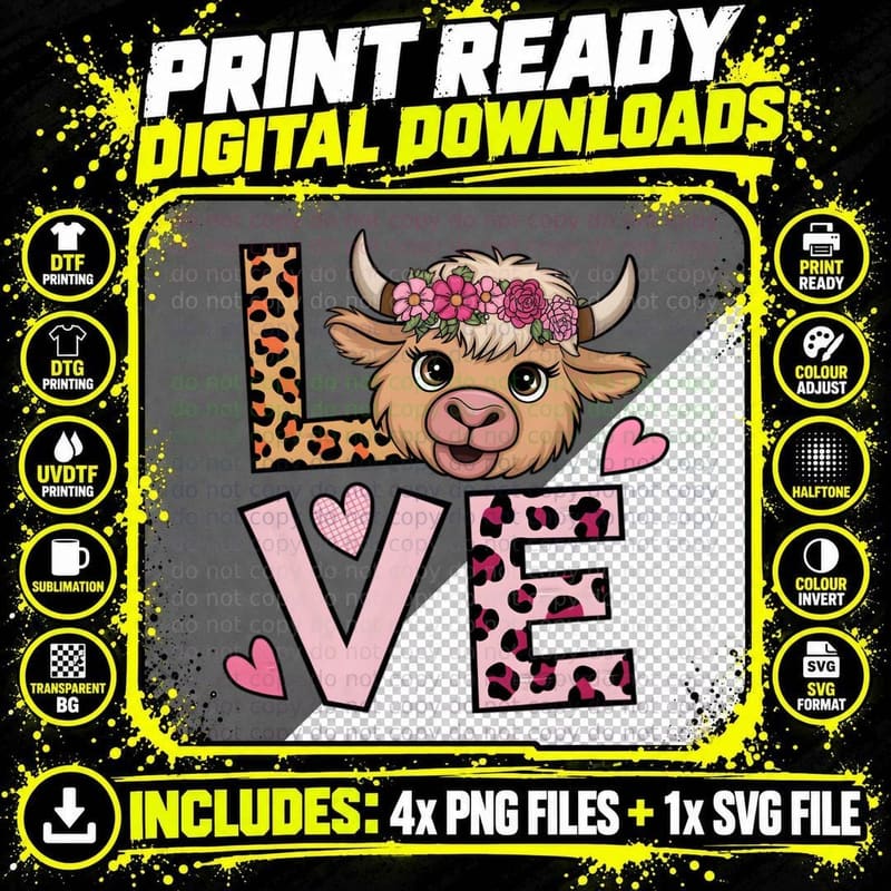 Love Cow Highland Pink Flowers Horns Leopard Western Png SVG Digital Bundle